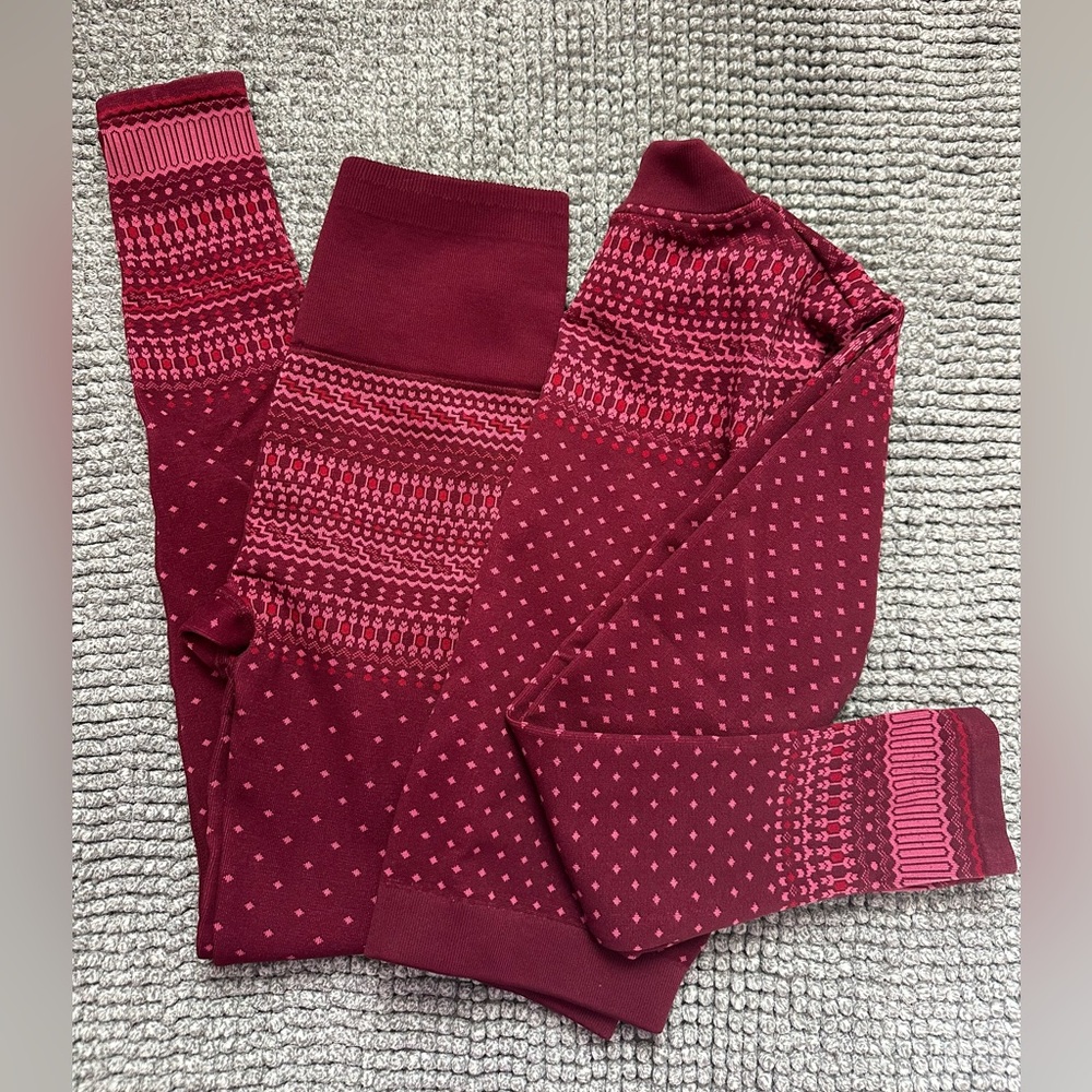 Fabletics Festive Pink and Maroon Long Sleeve Top and Legging Set